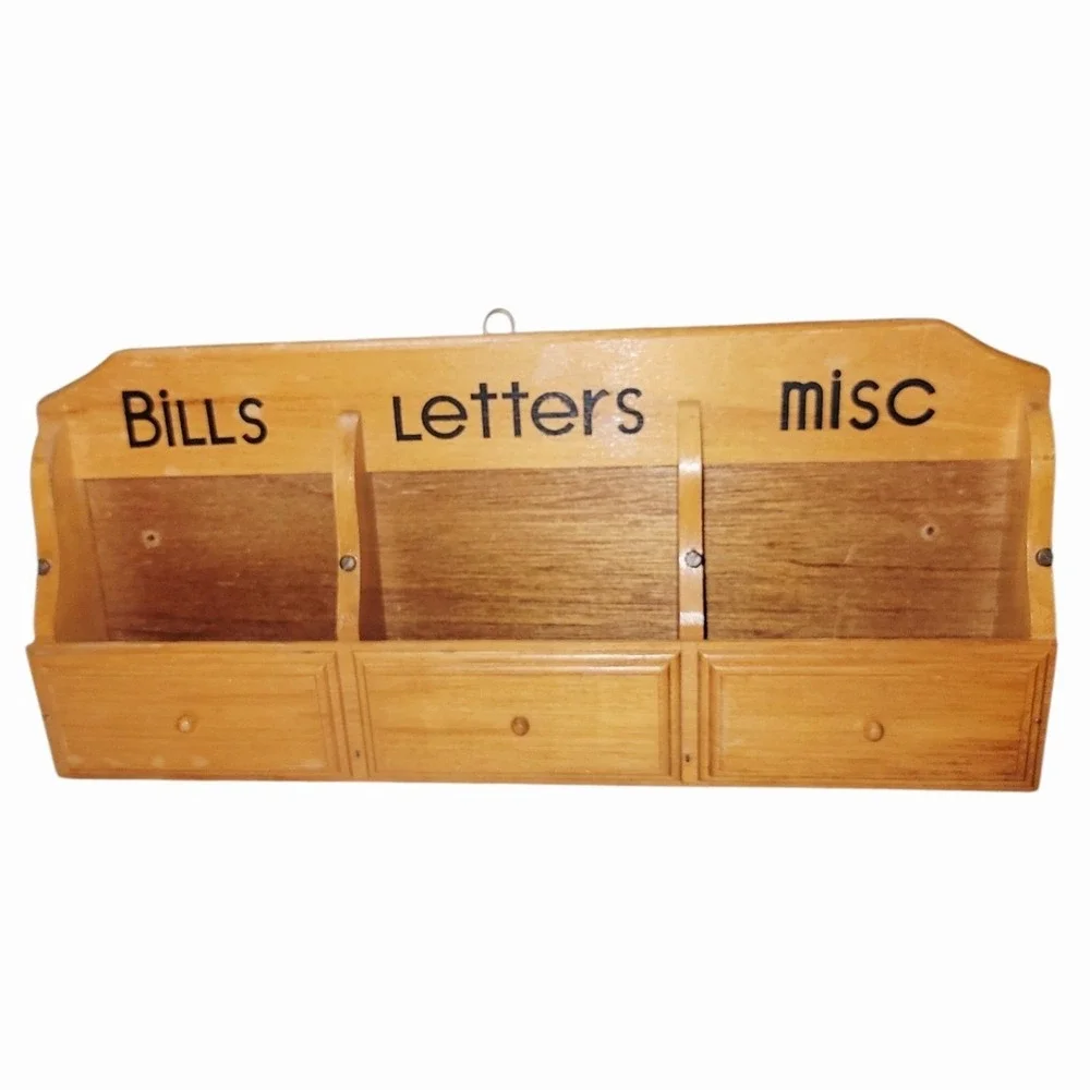 Vintage Wood Wall Mail Organizer Bills Letters Misc 3 Slot Hanging Holder